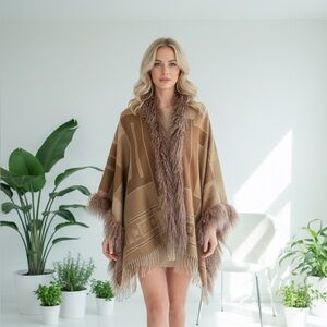Vintage Southwestern-inspired Tibetan Lamb Fur Trim Wrap
